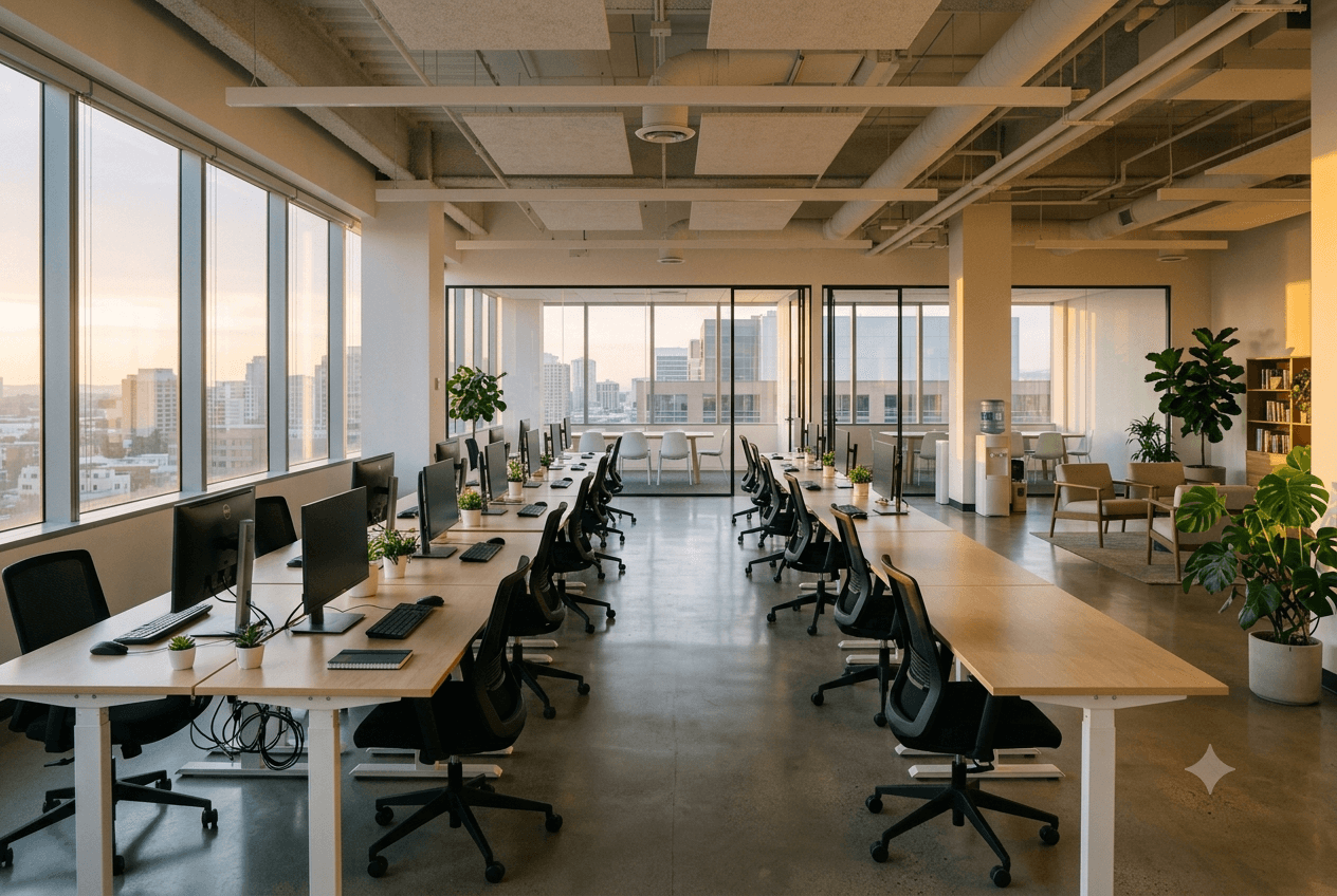 An open-plan office at dusk, desks cleared and floors clean