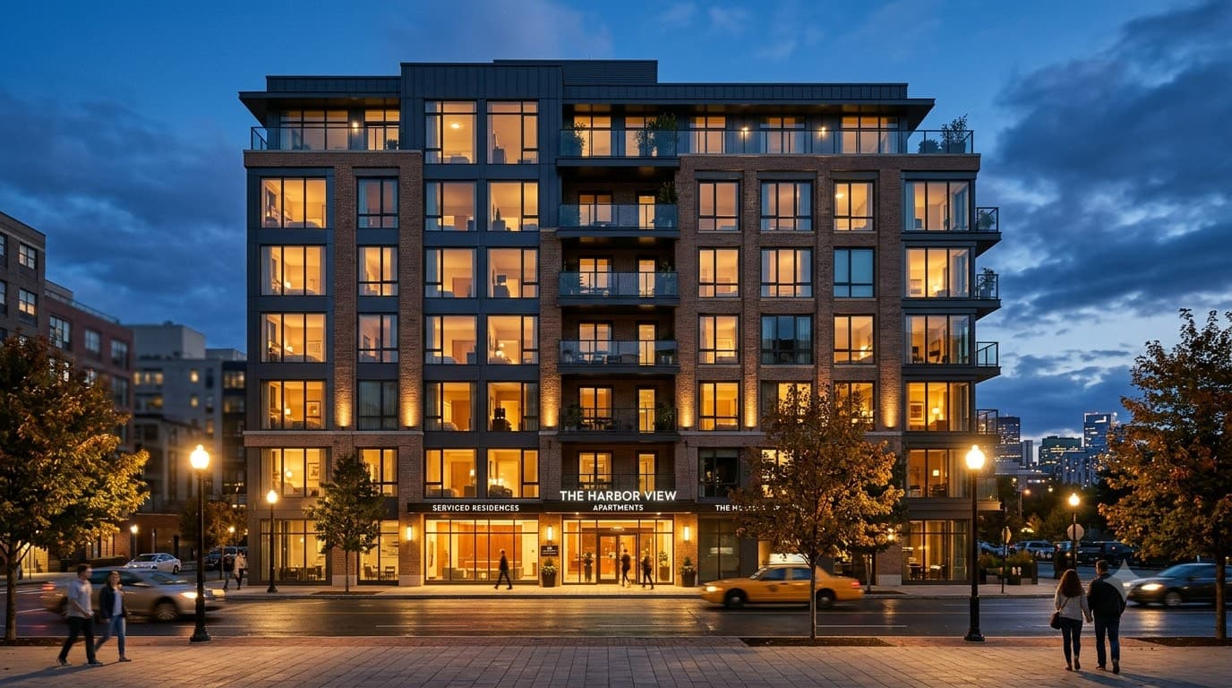 A city building at dusk with warm light in the windows